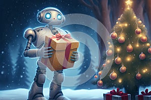 Happy robot holding a gift box near decorated Christmas tree in a forest snowy landscape. Generative AI illustration