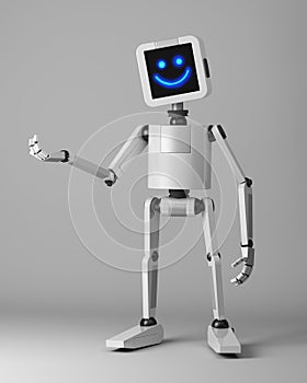 Happy robot presenter standing on white background 3d render