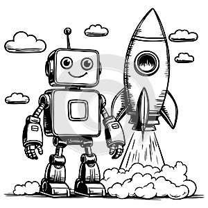Happy Robot and Rocket Launch