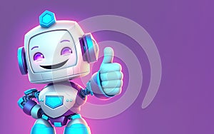 Happy robot standing with thumbs up sign smiling, generative AI illustration with copy space