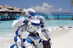 Happy robot tourist resting and relaxing standing in the seashore on beach on a summer holiday trip