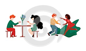 Happy Romantic Couple Drinking Wine in Restaurant and Running Towards Each Other Vector Set