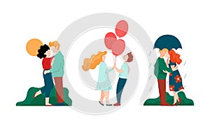 Happy Romantic Couple Embracing Walking Under Umbrella and Kissing Each Other Vector Set