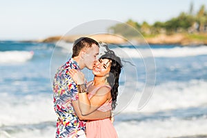 Happy romantic couple in love and having fun outdoor in summer day, beauty of nature, harmony concept