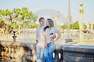 Happy romantic couple in Paris in Tuileries garden