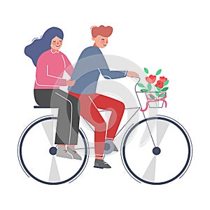 Happy Romantic Couple Riding Bike with Bouquet of Flowers in Basket, Girlfriend Sitting on Trunk of Bicycle Vector