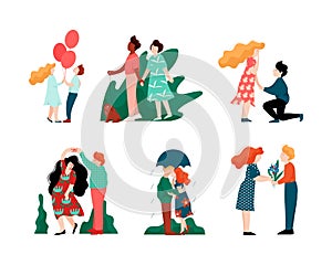 Happy Romantic Couple Walking Under Umbrella, Holding Hands, Dancing and Making Proposal Vector Set