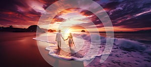 Happy Romantic Young Couple Enjoying Beautiful Sunset Walk on the Beach. Travel Vacation Lifestyle