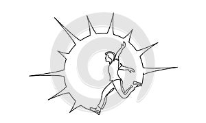 Happy running and jumping man inside sun shape One line drawing