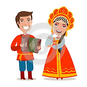 Happy russian people in traditional national costumes. Russia, Moscow concept. Cartoon vector illustration