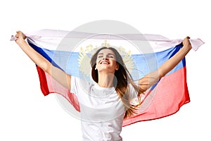 Happy russian soccer fan with national flag shouting celebrating or yelling