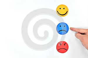 Happy, sad and angry face icons in white background. Customer feedback and satisfaction