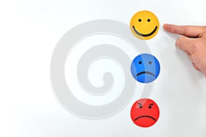Happy, sad and angry face icons in white background. Customer feedback and satisfaction
