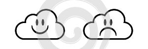 Happy and sad cloud face icon. Good and bad internet connection symbol