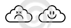 Happy and sad cloud face icon. Good and bad internet connection symbol