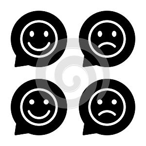 Happy and sad emoji icon on speech bubbles. Satisfying and disappointing sign symbol photo