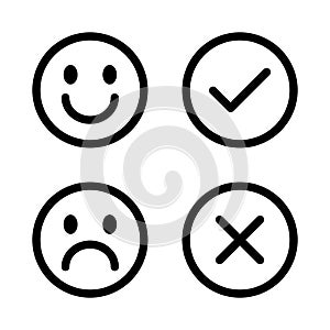 Happy, sad face, check, and cross mark icon vector. Reviews of satisfied and disappointed customers