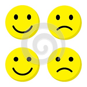 Happy and sad face emoji icon. Yellow emoticon concept
