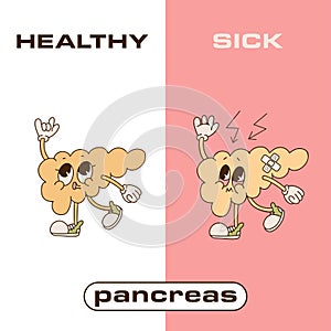 Happy and sad retro cartoon character of pancreas. 90 Drawing style of health and sick pancreas. Isolated contour vector