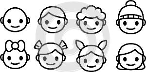 Happy and sad smile cartoon icons set. Little boy head emoji in different moods. Vector outline icons collection