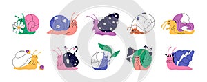 Happy and sad snails set. Slugs with patterned coiled shells. Cute snailfishes with butterfly, ladybugs. Gastropods with