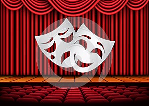 Happy and sad theater masks, Theatrical scene with red curtains. Stock vector illustration