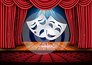 Happy and sad theater masks, Theatrical scene with red curtains. Stock vector illustration