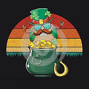 Happy Saint Patricks day poster with funky leprechaun potato character with green Patricks hat and Pot Full of Golden