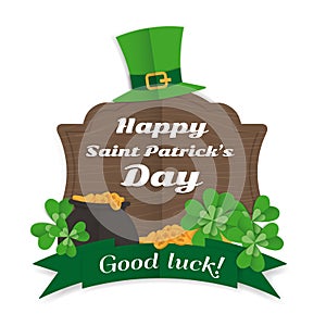 Happy Saint Patrick`s Day Greeting card pot gold clover leaves.