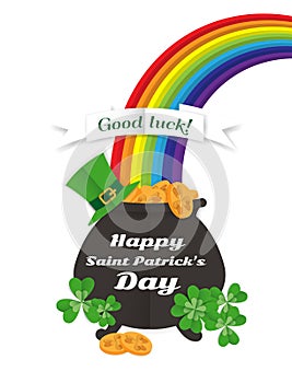 Happy Saint Patrick`s Day Greeting card rainbow, pot gold clover .