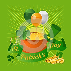Happy Saint Patrick's Day greetings with hat, sunburst, pot of gold coins, clover, balloons