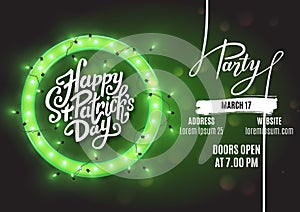 Happy Saint Patrick`s Day party flyer template retro neon heart with led lights, vector illustration