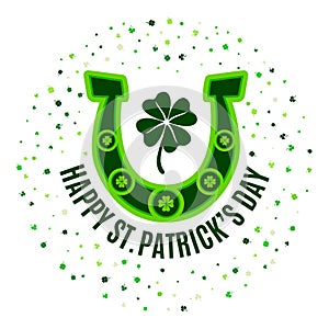 Happy Saint Patrick`s Day poster with green horseshoe, four leaves clover, scattered in a circle shamrocks isolated on white