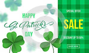 Happy Saint Patrick`s day sale banner with shamrock clover on green gingham background. Vector St Patrick sale lettering