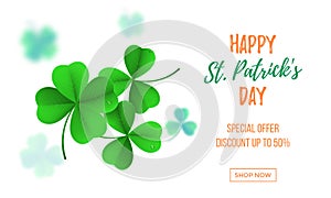 Happy Saint Patrick`s day sale banner with shamrock clover on white background. Vector St Patrick sale lettering
