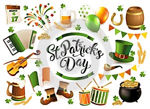 Happy Saint Patrick`s Day traditional collection. Irish music, flags, beer mugs, clover, pub decoration, leprechaun green hat, po