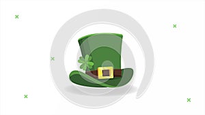 happy saint patricks day card with leprechaun tophat and clover