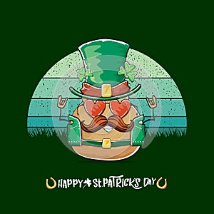Happy saint patricks day greeting card with funky leprechaun potato character with green particks hat isolated on green