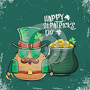 Happy Saint Patricks day greeting card with funky leprechaun potato character with green particks hat and Pot Full of
