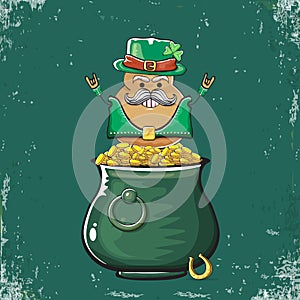 Happy Saint Patricks day greeting card with funky leprechaun potato character with green particks hat and Pot Full of