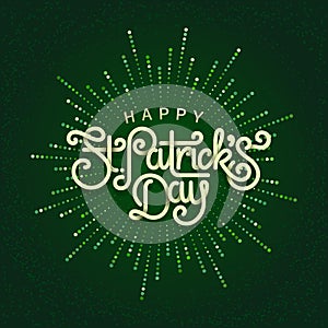 Happy saint Patricks day greeting poster with 3d paper lettering text. lettering on starburst beautiful background. Template for