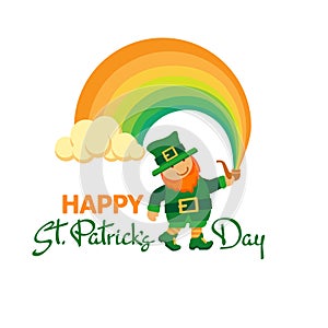 Happy Saint Patricks Day. Hand-drawn lettering, leprechaun, pipe, rainbow. Vector.