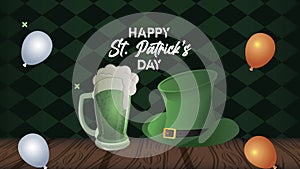 happy saint patricks day lettering with beer and leprechaun tophat