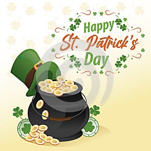 happy saint patricks day lettering with cauldron of treasure and elf tophat