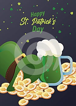 happy saint patricks day lettering with coins in elf tophat and beer