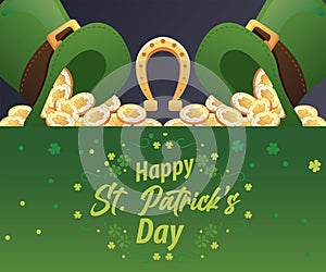 happy saint patricks day lettering with coins in elf tophats and horseshoe