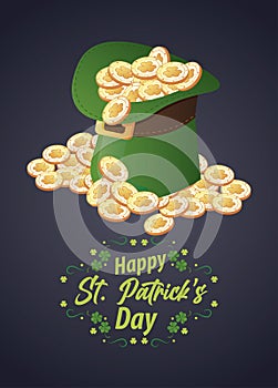 happy saint patricks day lettering with elf tophat and coins