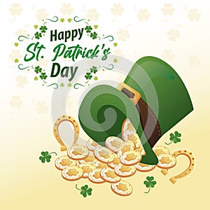 happy saint patricks day lettering with horseshoes and coins in elf tophat