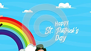 happy saint patricks day lettering with leprechaun sliding in rainbow