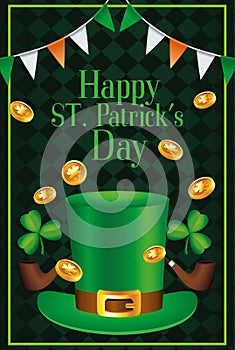 happy saint patricks day lettering with tophat and coins